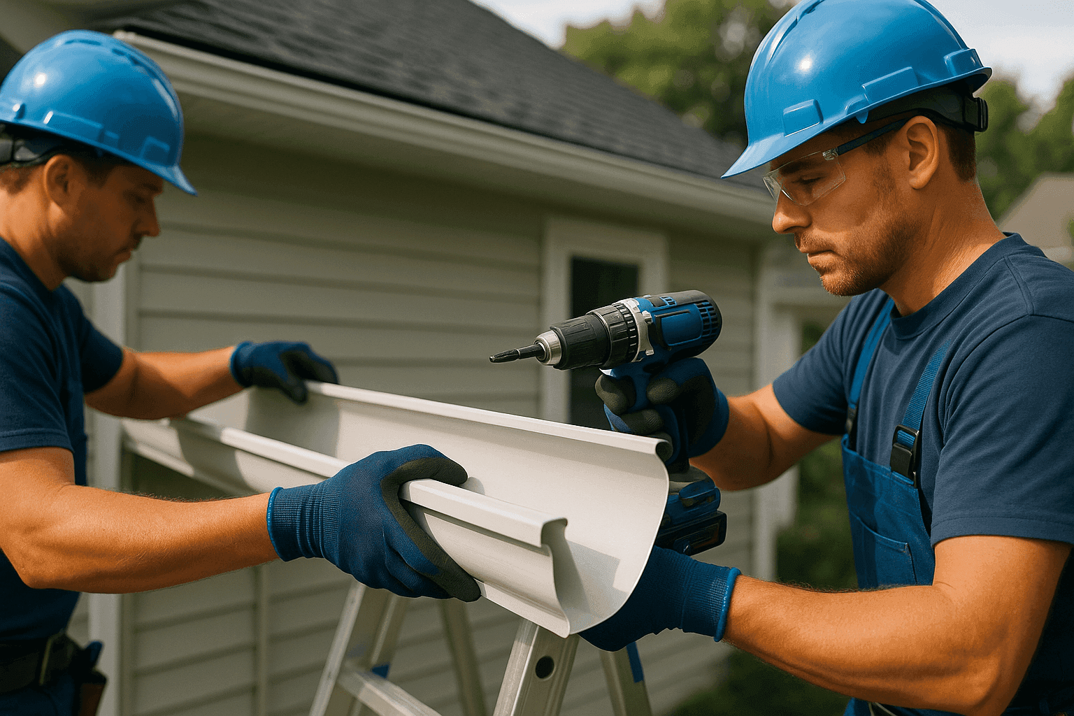 Two workers installing seamless alunum gutters on a residential home exterior with safety gear