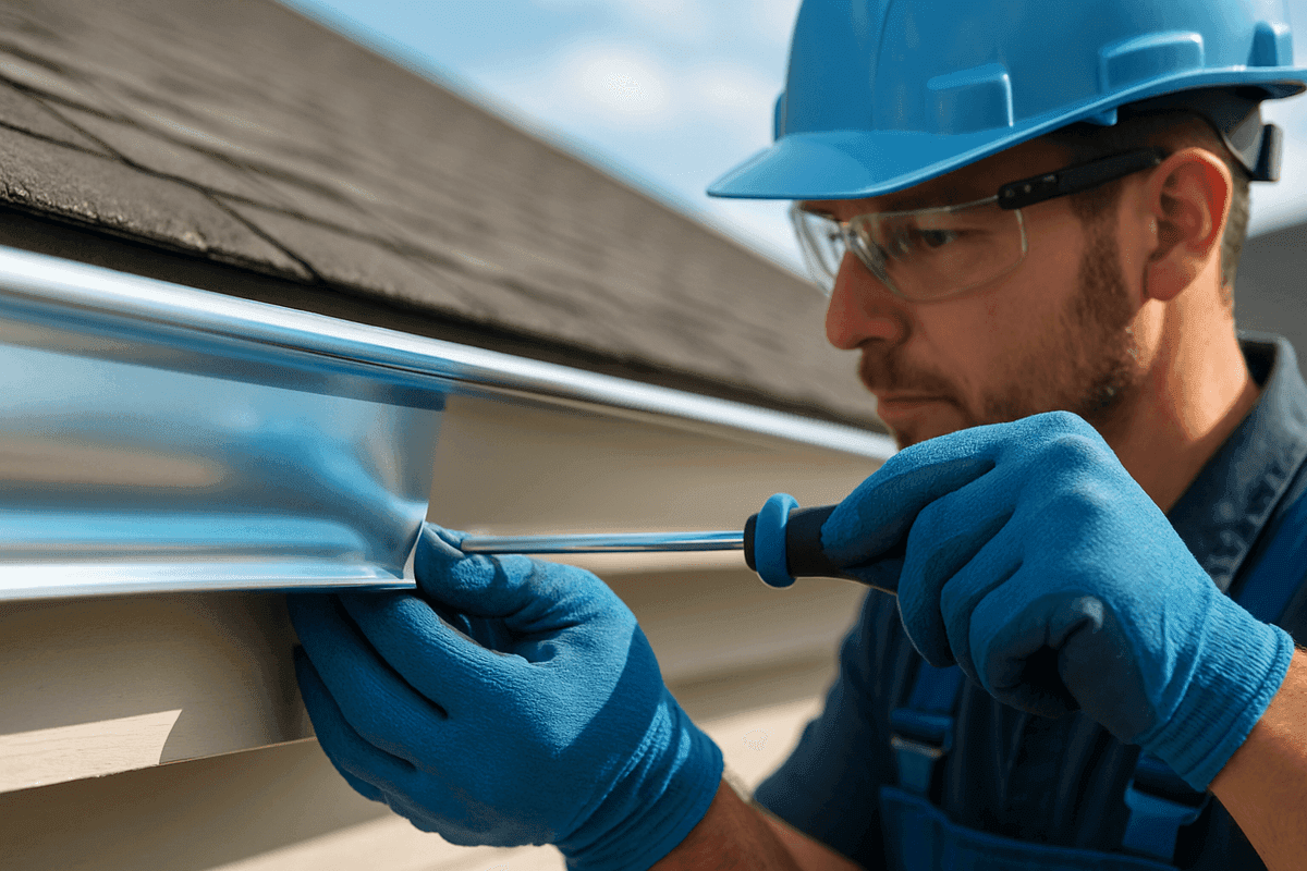 Close-up of gloved hands fitting seamless alunum gutter on a residential roof edge